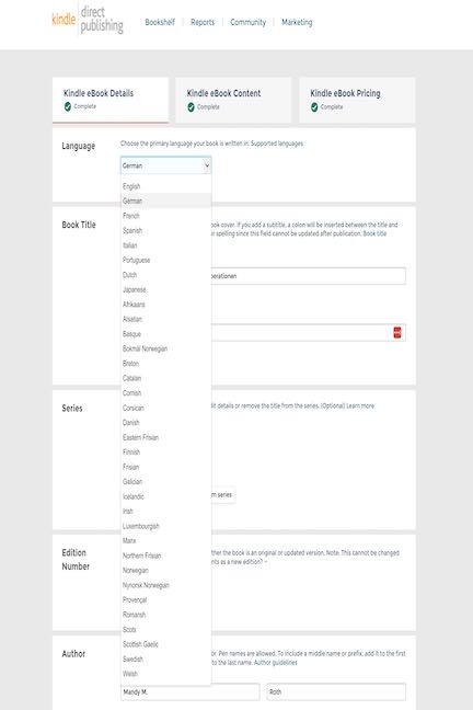 Screen capture of Amazon KDP Dashboard, dropdown language menu